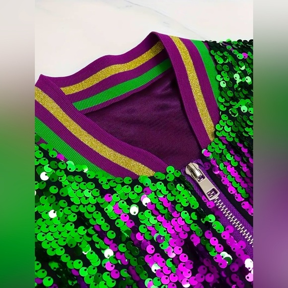 Mardi Gras Sequin Zip Up Colorblock Jacket - Picture 5 of 7
